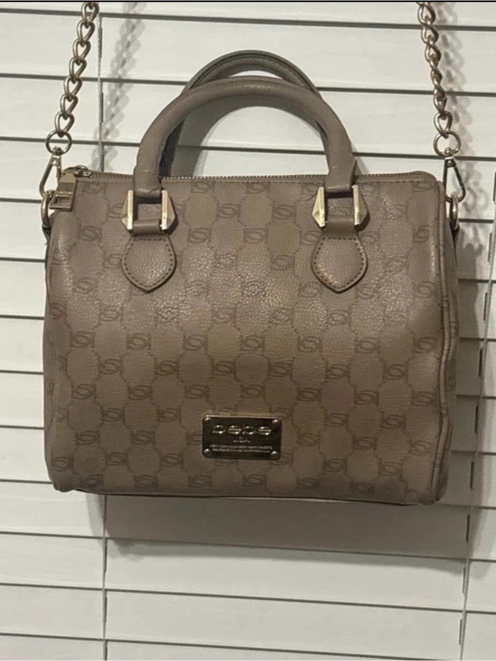 bebe Taupe Monogram Satchel with Gold Chain Strap